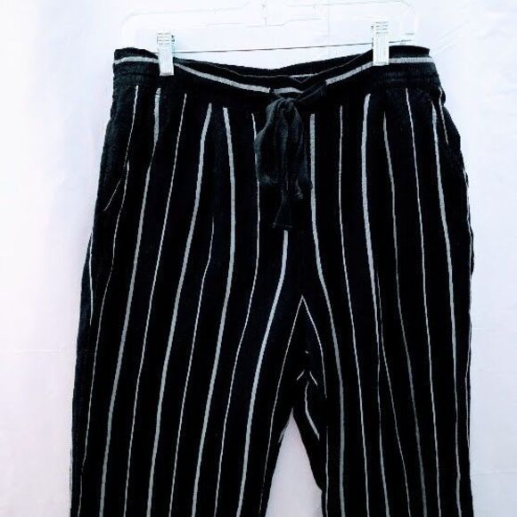 a new day Black Striped Linen Blend Wide Leg Tapered Ankle Pull On Pant L Beach - Picture 3 of 9